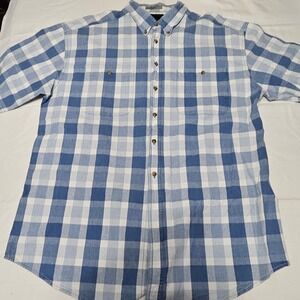 Indigo Apparel Workshop Button Down Shirt Blue Check Plaid Short Sleeved Men's L